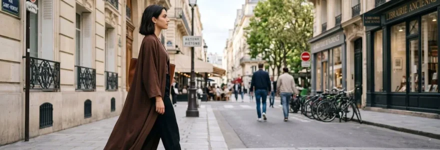 Femme musulmane portant une abaya kimono élégante de couleur chocolat, marchant de profil dans une rue parisienne contemporaine sous une lumière naturelle douce