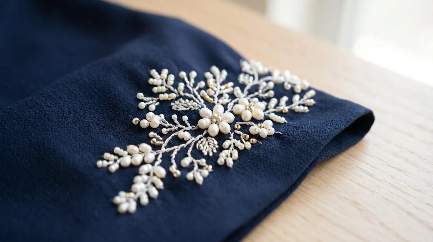 Gros plan macro sur une broderie perlée artisanale ornant la manche d'une abaya kimono, avec un arrière-plan flouté mettant en valeur la texture du tissu