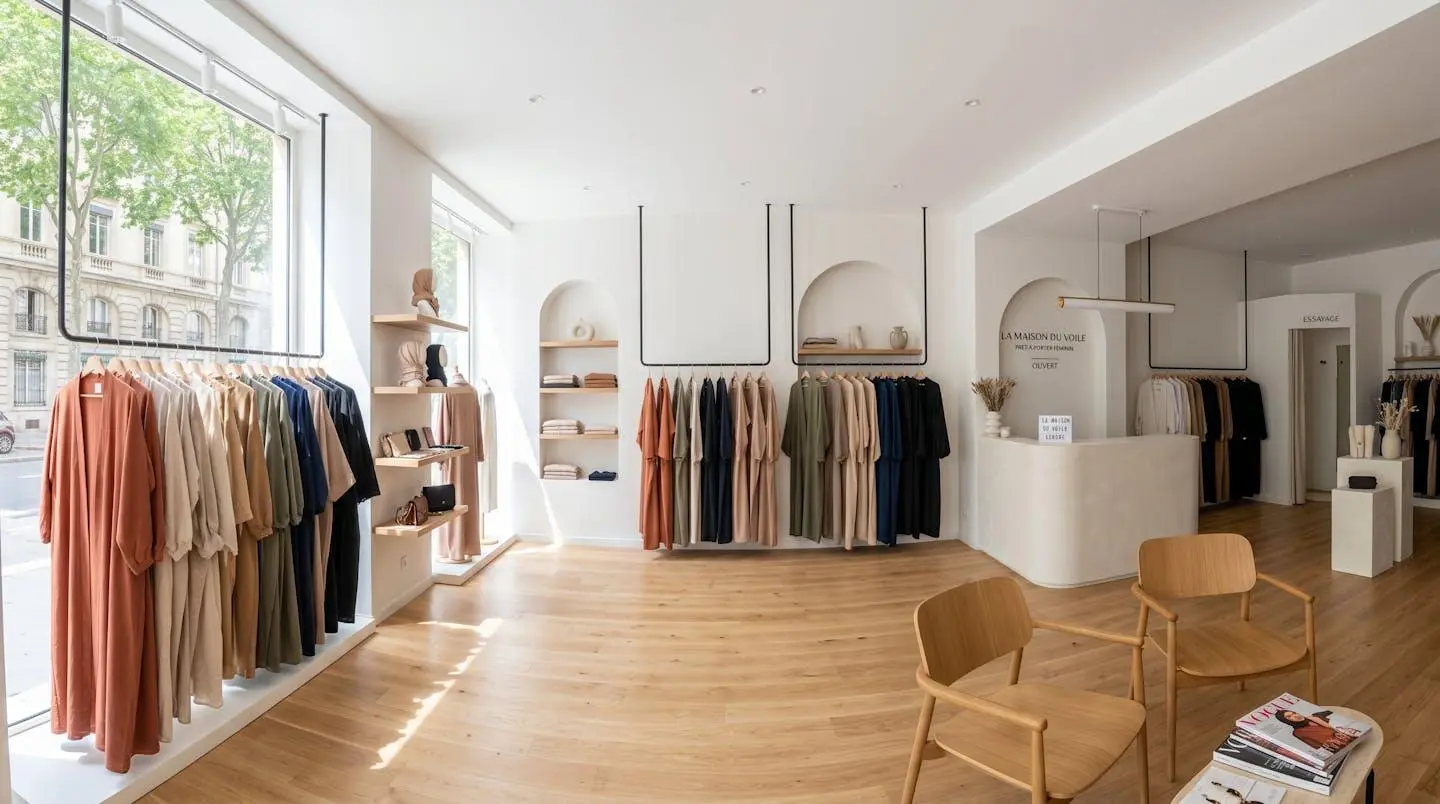 Intérieur lumineux d'une boutique contemporaine spécialisée en mode modeste, avec des abayas de différentes coupes suspendues sur des cintres, décor épuré et lumière naturelle abondante