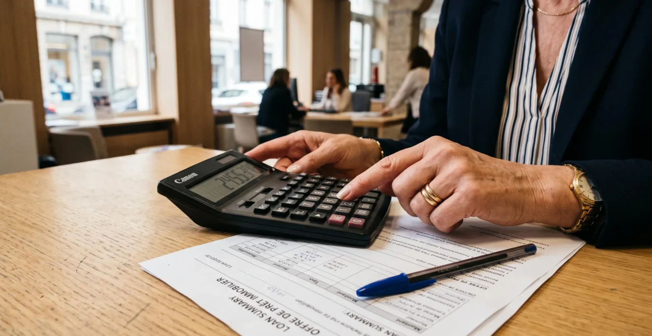 Des mains utilisent une calculatrice à côté d'un tableau de prêt sur un bureau.