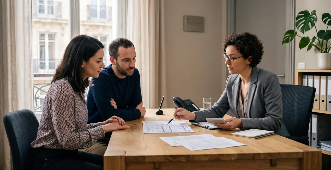 Un conseiller bancaire explique un dossier de prêt immobilier à un jeune couple.