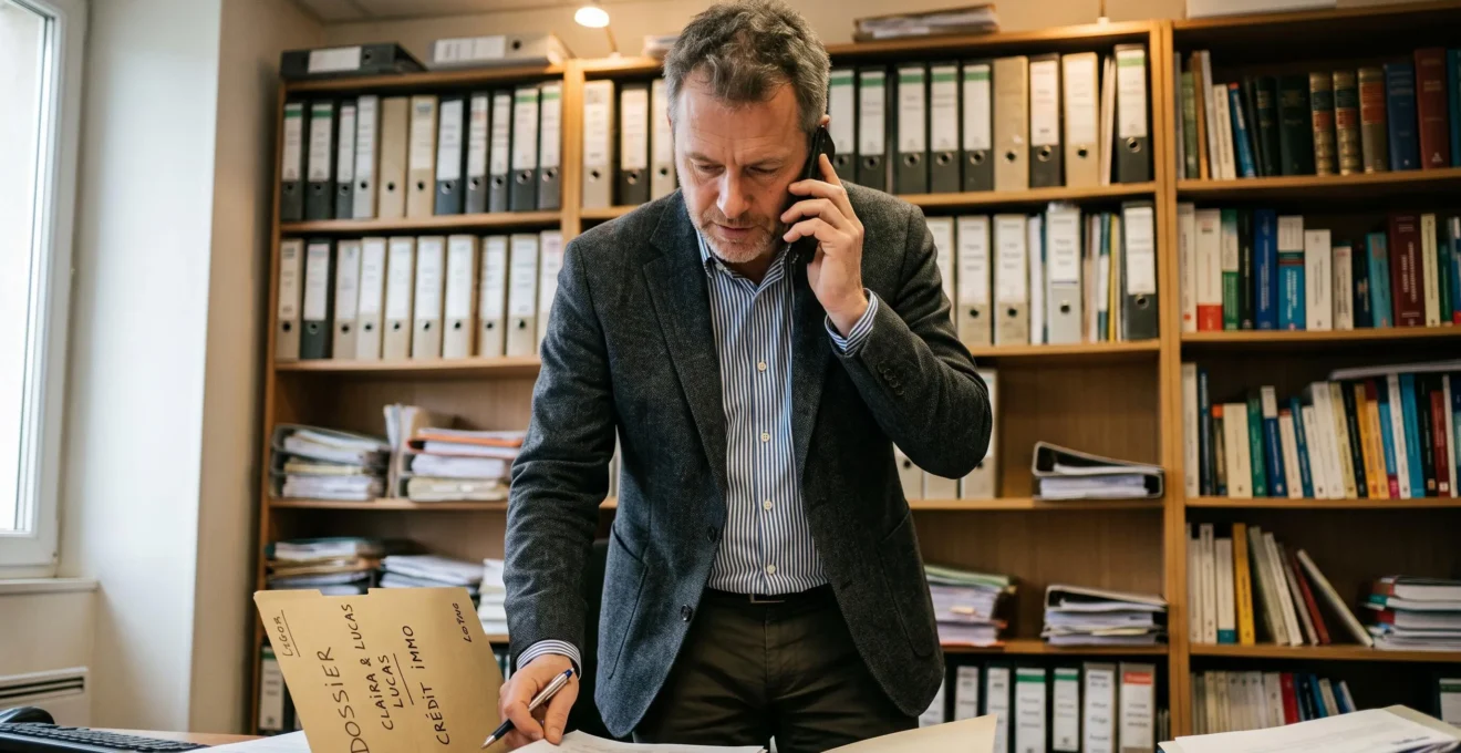 Un courtier en crédit étudie un dossier au téléphone dans son bureau.