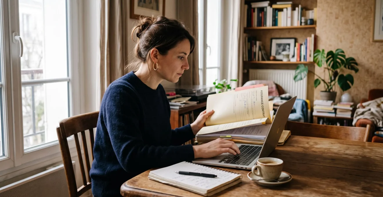 Une femme compare un contrat d'assurance sur un ordinateur portable chez elle.